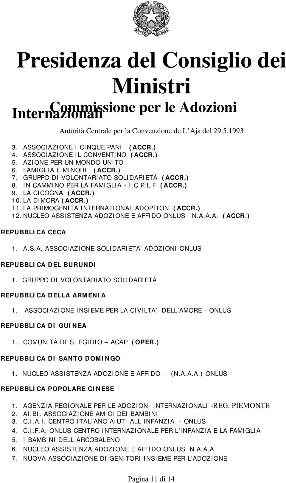 A.S.A. ASSOCIAZIONE SOLIDARIETA ADOZIONI ONLUS REPUBBLICA DEL BURUNDI 1. GRUPPO DI VOLONTARIATO SOLIDARIETÀ REPUBBLICA DELLA ARMENIA 1.