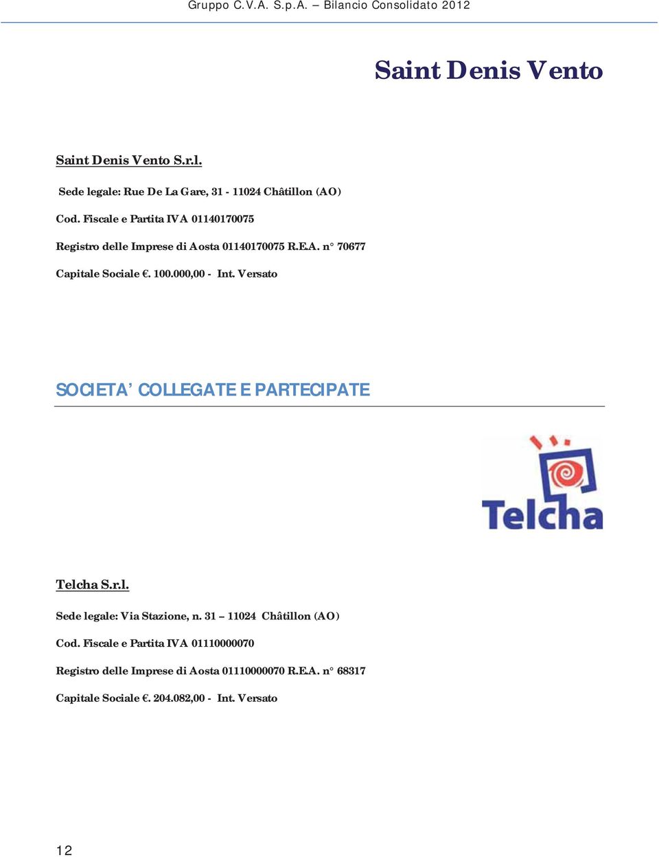 000,00 - Int. Versato SOCIETA COLLEGATE E PARTECIPATE Telcha S.r.l. Sede legale: Via Stazione, n.