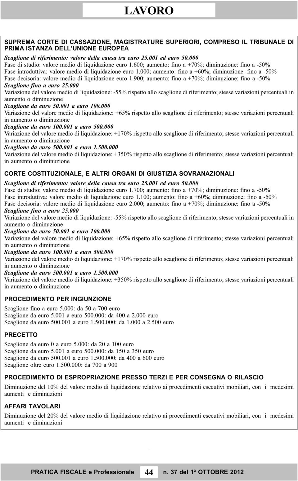 000; aumento: fino a +60%; diminuzione: fino a -50% Fase decisoria: valore medio di liquidazione euro 1.900; aumento: fino a +70%; diminuzione: fino a -50% Scaglione fino a euro 25.