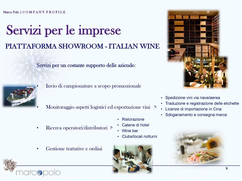 operatori/distributori > Ristorazione Catene di hotel Wine bar Clubs/locali notturni Spedizione vini via nave/aerea