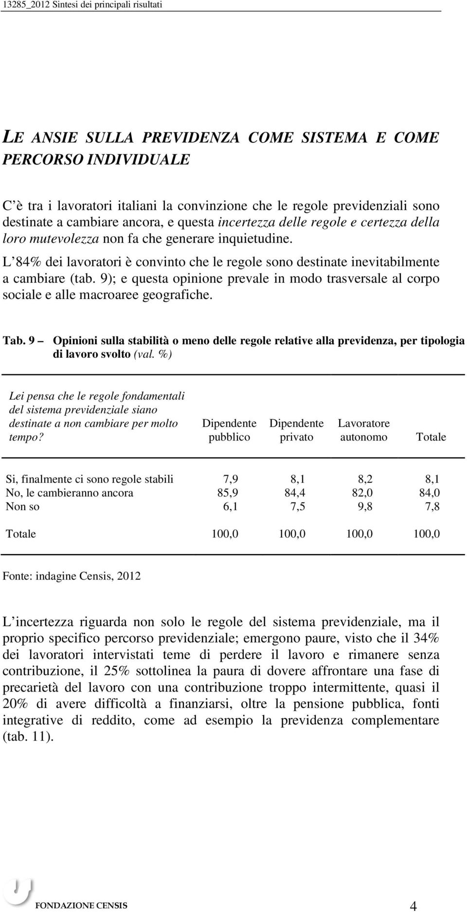 9); e questa opinione prevale in modo trasversale al corpo sociale e alle macroaree geografiche. Tab.