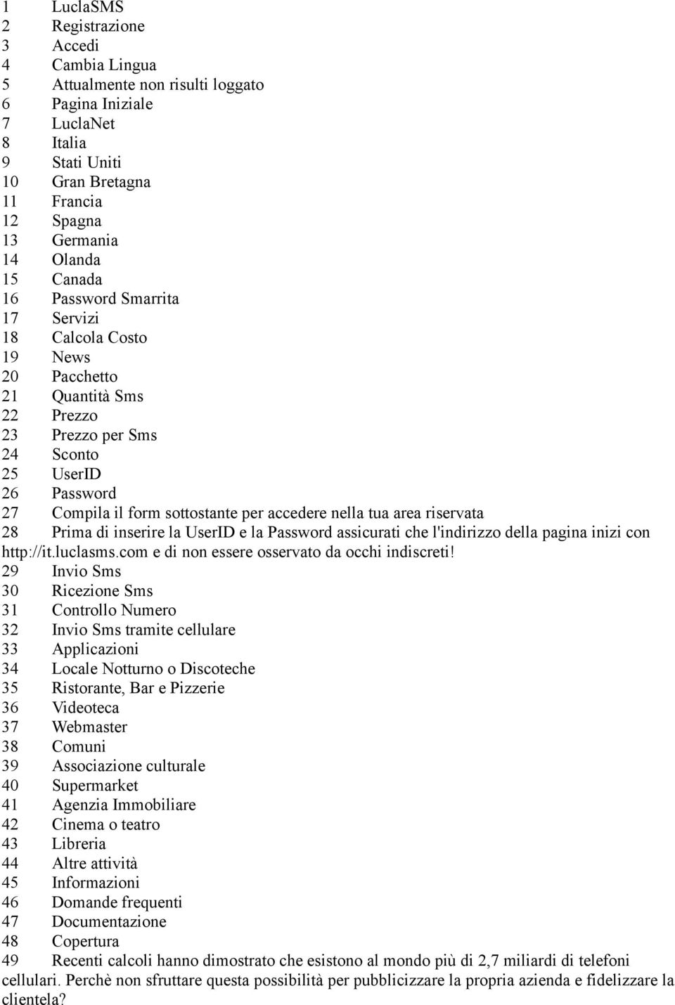 nella tua area riservata 28 Prima di inserire la UserID e la Password assicurati che l'indirizzo della pagina inizi con http://it.luclasms.com e di non essere osservato da occhi indiscreti!