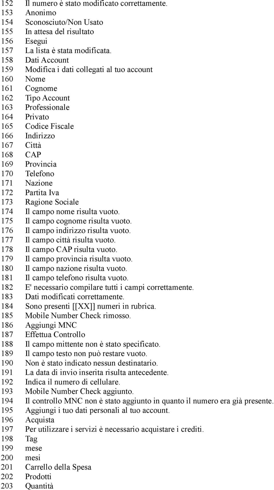 Telefono 171 Nazione 172 Partita Iva 173 Ragione Sociale 174 Il campo nome risulta vuoto. 175 Il campo cognome risulta vuoto. 176 Il campo indirizzo risulta vuoto. 177 Il campo città risulta vuoto.