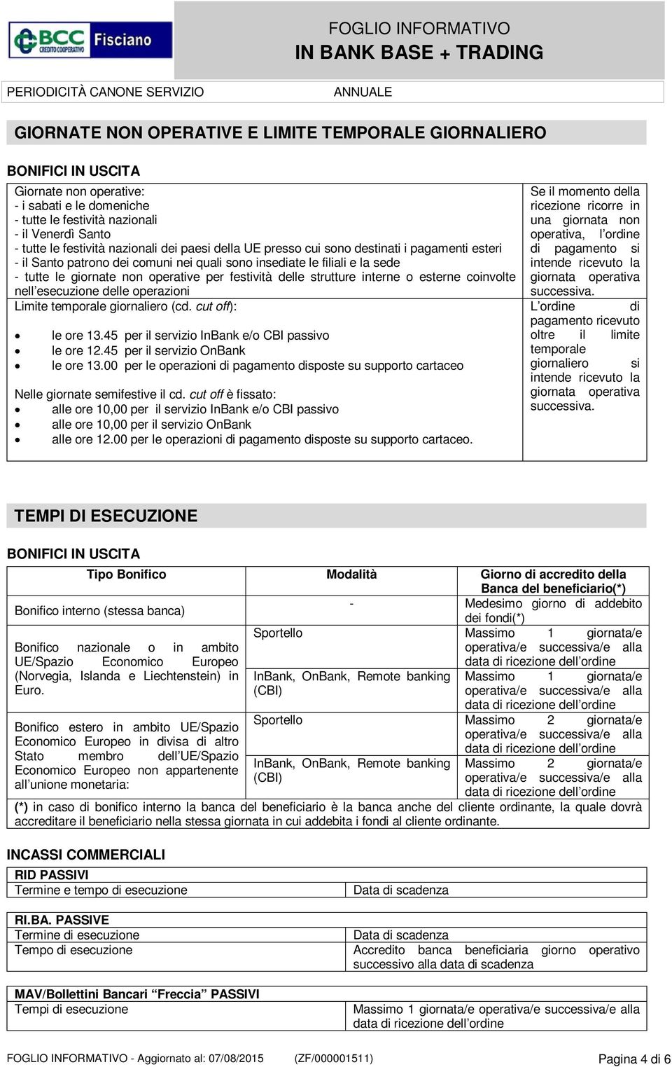 giornate non operative per festività delle strutture interne o esterne coinvolte nell esecuzione delle operazioni Limite temporale giornaliero (cd. cut off): le ore 13.