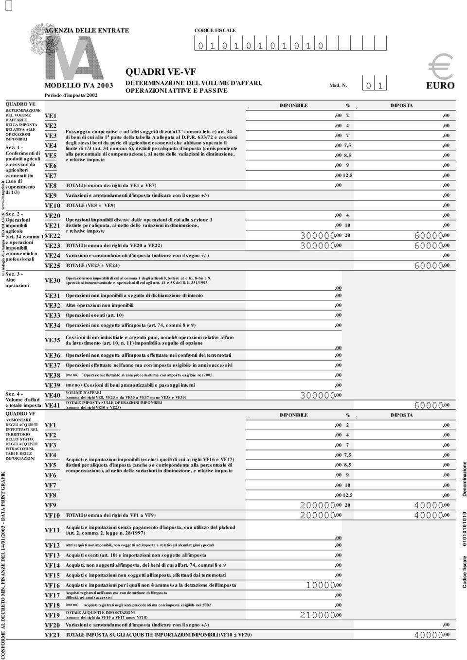 FINANZE DEL /0/00 - DATA PRINT GRAFIK tecnologia di stampa FISCOLASER www.dataprint.it VE0 Sez. - VE0 Operazioni imponibili VE agricole (art.