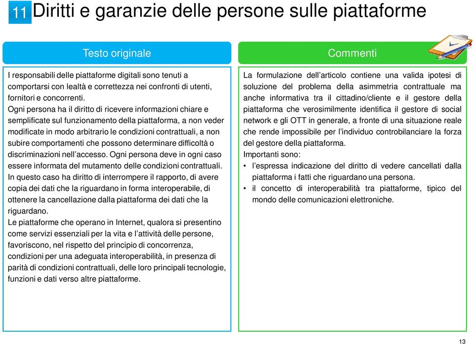 Ogni persona ha il diritto di ricevere informazioni chiare e semplificate sul funzionamento della piattaforma, a non veder modificate in modo arbitrario le condizioni contrattuali, a non subire