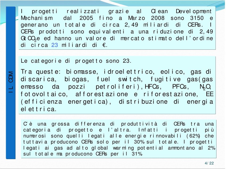 IL CDM Tra queste: biomasse, idroelettrico, eolico, gas di discarica, biogas, fuel switch, fugitive gas(gas emesso da pozzi petroliferi),hfcs, PFCs, N 2 O, fotovoltaico, afforestazione e