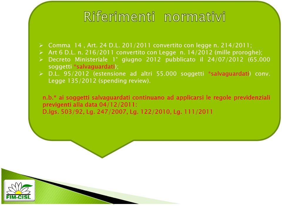 95/2012 (estensione ad altri 55.000 soggetti *salvaguardati) conv. Legge 135/2012 (spending review). n.b.