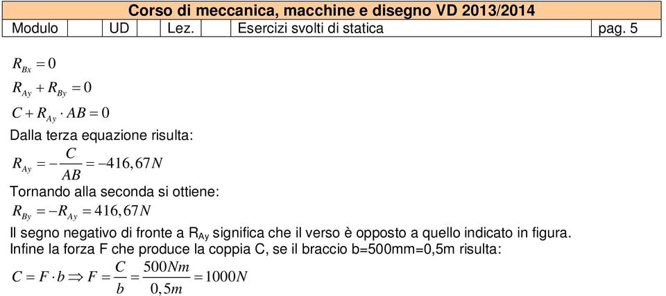 416,67N Il segno negativo di fronte a R significa che il verso è opposto a quello indicato in