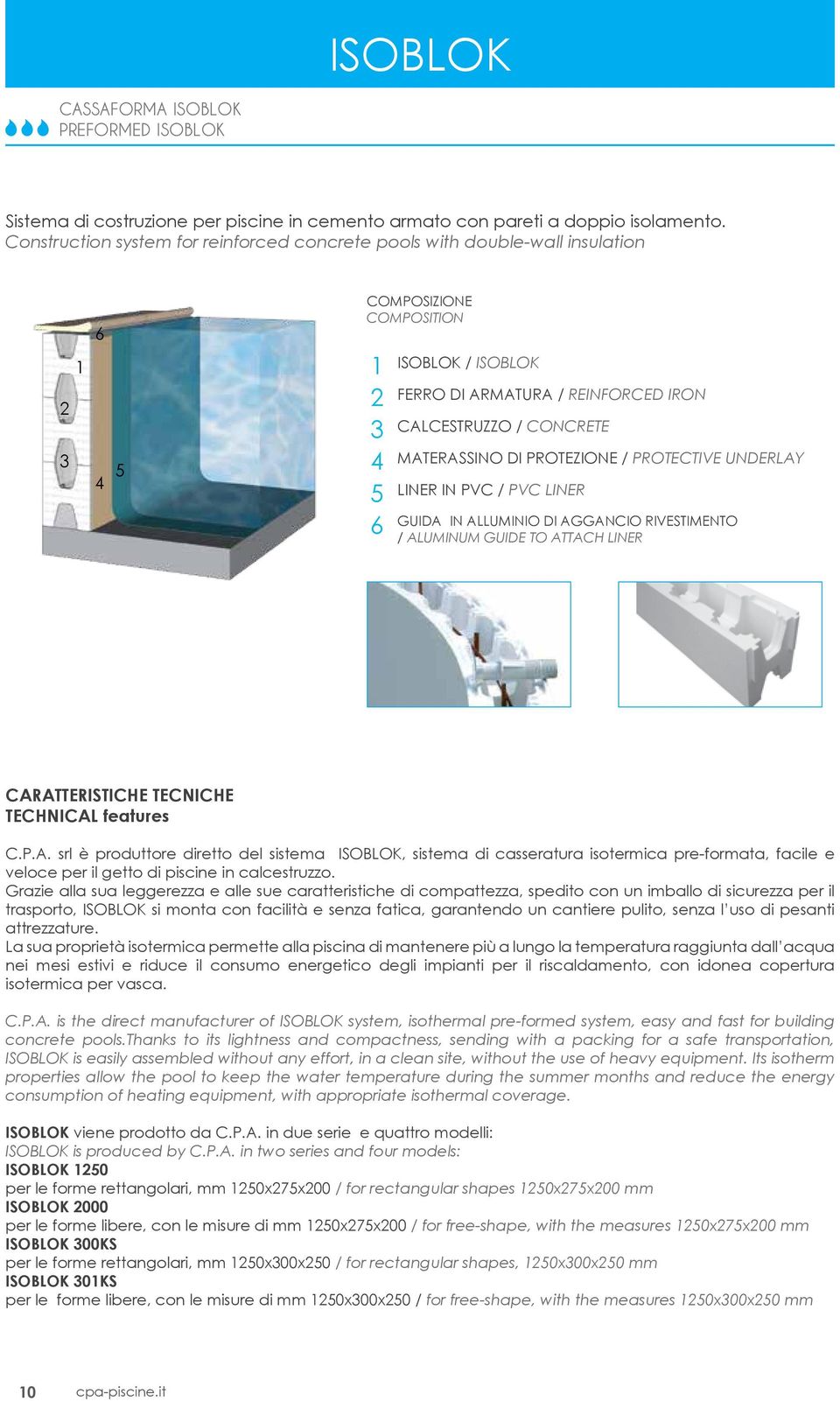 CONCRETE MATERASSINO DI PROTEZIONE / PROTECTIVE UNDERLAY LINER IN PVC / PVC LINER GUIDA IN ALLUMINIO DI AGGANCIO RIVESTIMENTO / ALUMINUM GUIDE TO ATTACH LINER CARATTERISTICHE TECNICHE TECHNICAL