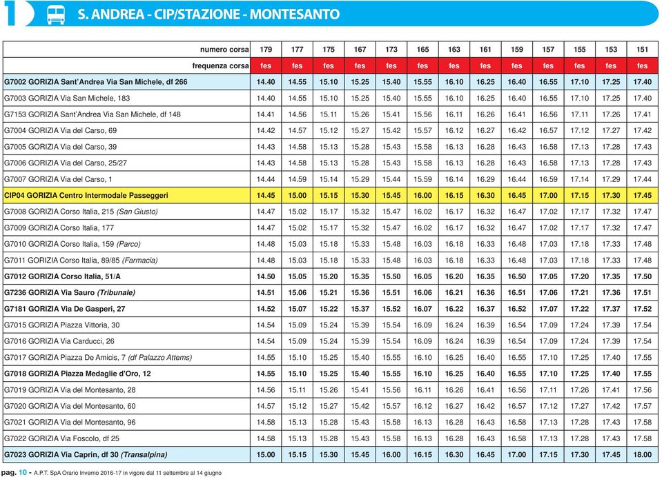 41 14.56 15.11 15.26 15.41 15.56 16.11 16.26 16.41 16.56 17.11 17.26 17.41 G7004 GORIZIA Via del Carso, 69 14.42 14.57 15.12 15.27 15.42 15.57 16.12 16.27 16.42 16.57 17.12 17.27 17.