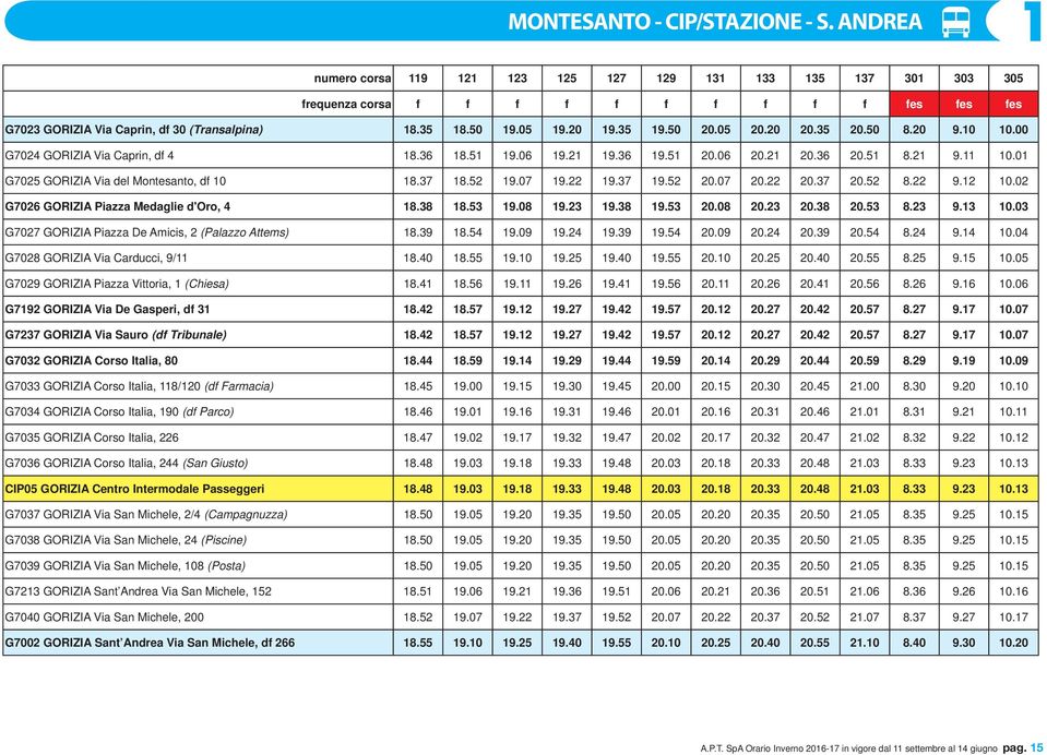 35 19.50 20.05 20.20 20.35 20.50 8.20 9.10 10.00 G7024 GORIZIA Via Caprin, df 4 18.36 18.51 19.06 19.21 19.36 19.51 20.06 20.21 20.36 20.51 8.21 9.11 10.01 G7025 GORIZIA Via del Montesanto, df 10 18.