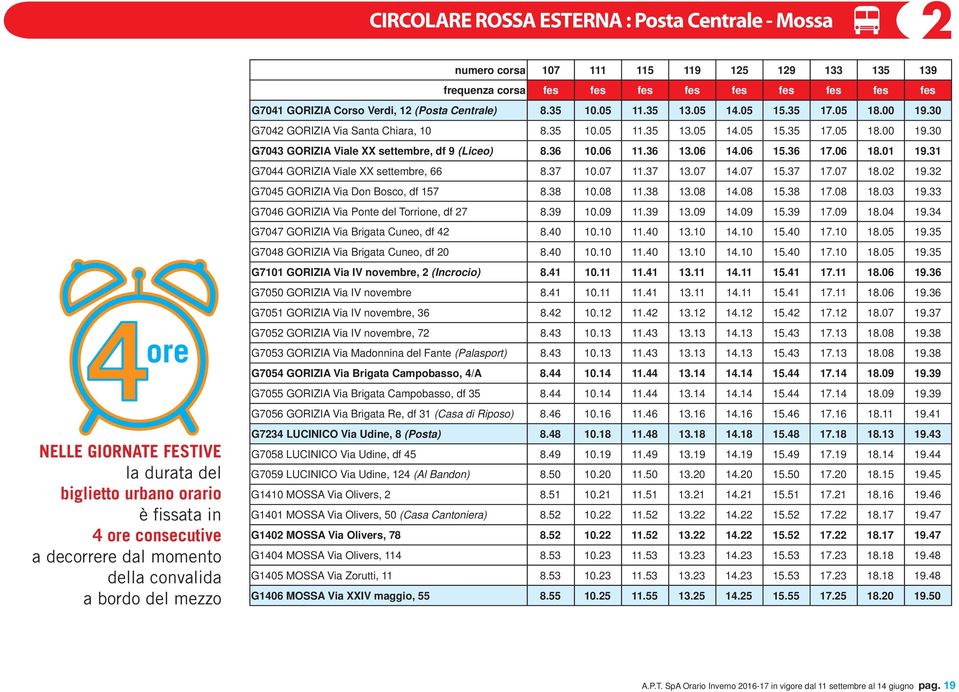 06 11.36 13.06 14.06 15.36 17.06 18.01 19.31 G7044 GORIZIA Viale XX settembre, 66 8.37 10.07 11.37 13.07 14.07 15.37 17.07 18.02 19.32 G7045 GORIZIA Via Don Bosco, df 157 8.38 10.08 11.38 13.08 14.