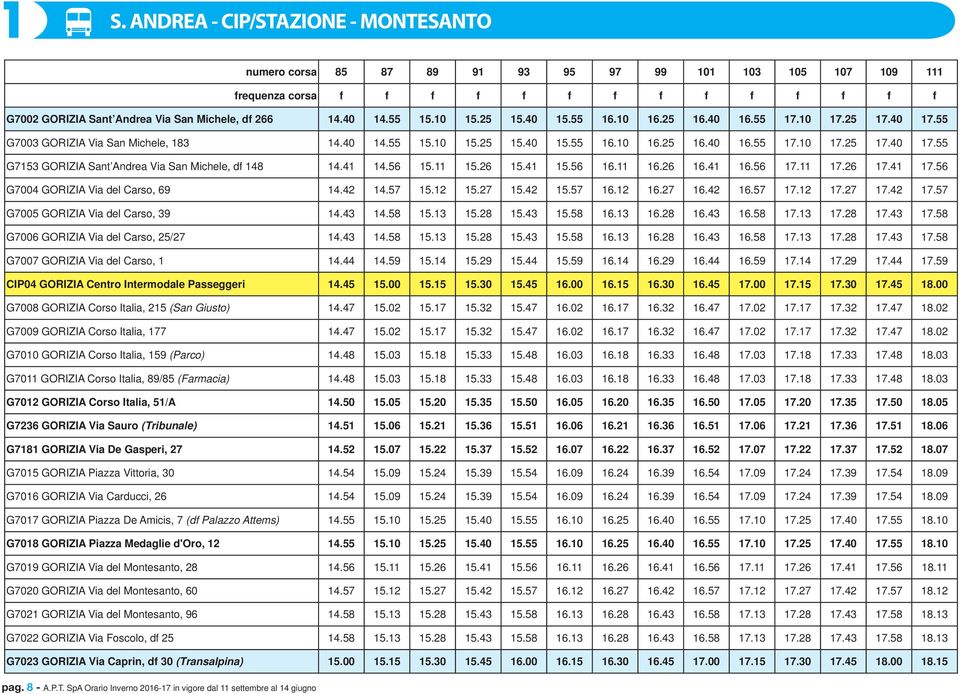 41 14.56 15.11 15.26 15.41 15.56 16.11 16.26 16.41 16.56 17.11 17.26 17.41 17.56 G7004 GORIZIA Via del Carso, 69 14.42 14.57 15.12 15.27 15.42 15.57 16.12 16.27 16.42 16.57 17.12 17.27 17.42 17.