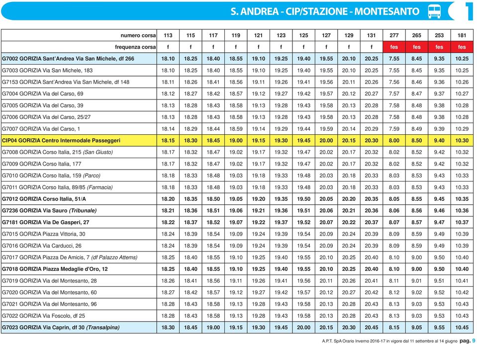 11 18.26 18.41 18.56 19.11 19.26 19.41 19.56 20.11 20.26 7.56 8.46 9.36 10.26 G7004 GORIZIA Via del Carso, 69 18.12 18.27 18.42 18.57 19.12 19.27 19.42 19.57 20.12 20.27 7.57 8.47 9.37 10.