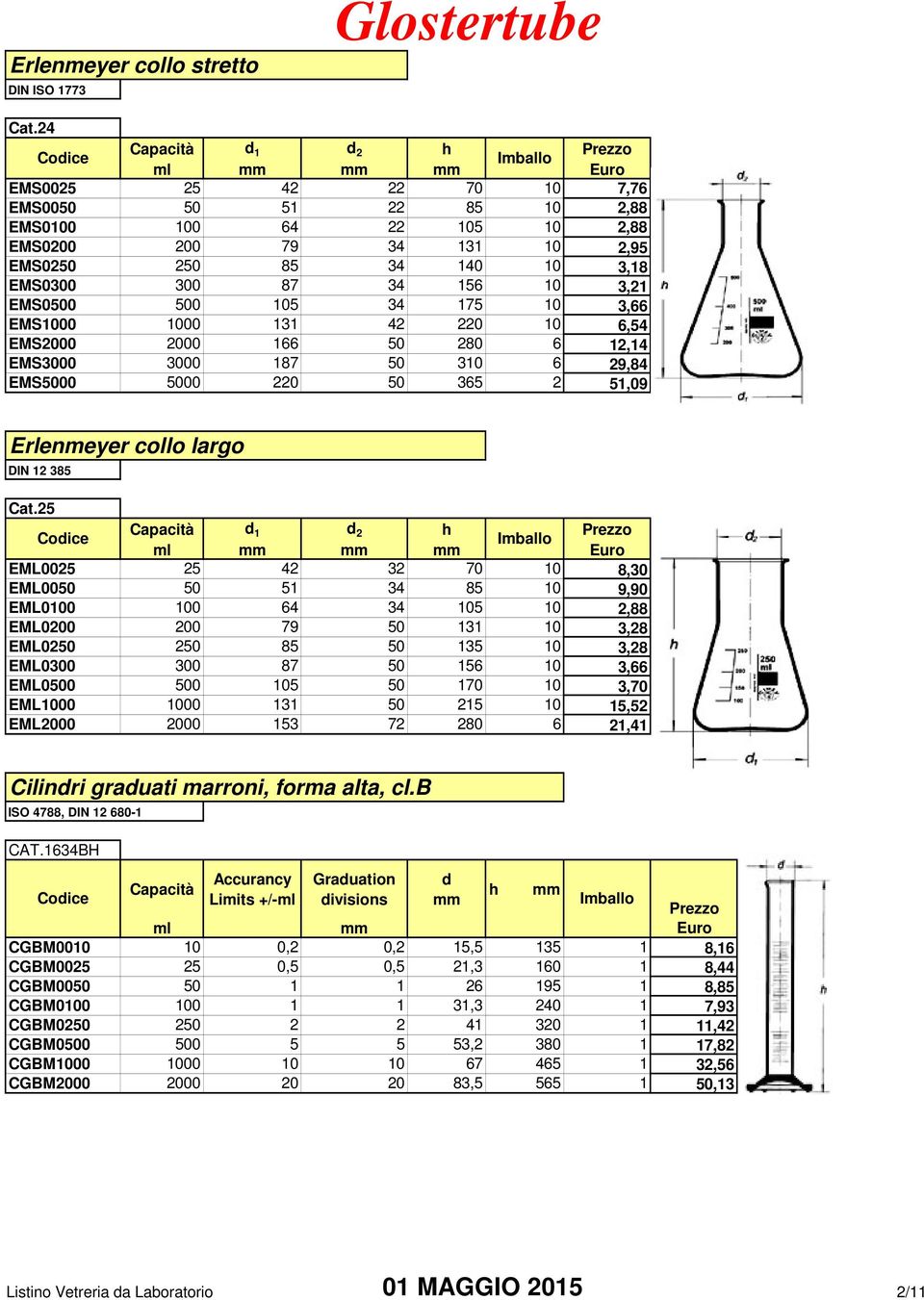175 10 3,66 EMS1000 1000 131 42 220 10 6,54 EMS2000 2000 166 50 280 6 12,14 EMS3000 3000 187 50 310 6 29,84 EMS5000 5000 220 50 365 2 51,09 Erlenmeyer collo largo DIN 12 385 Cat.
