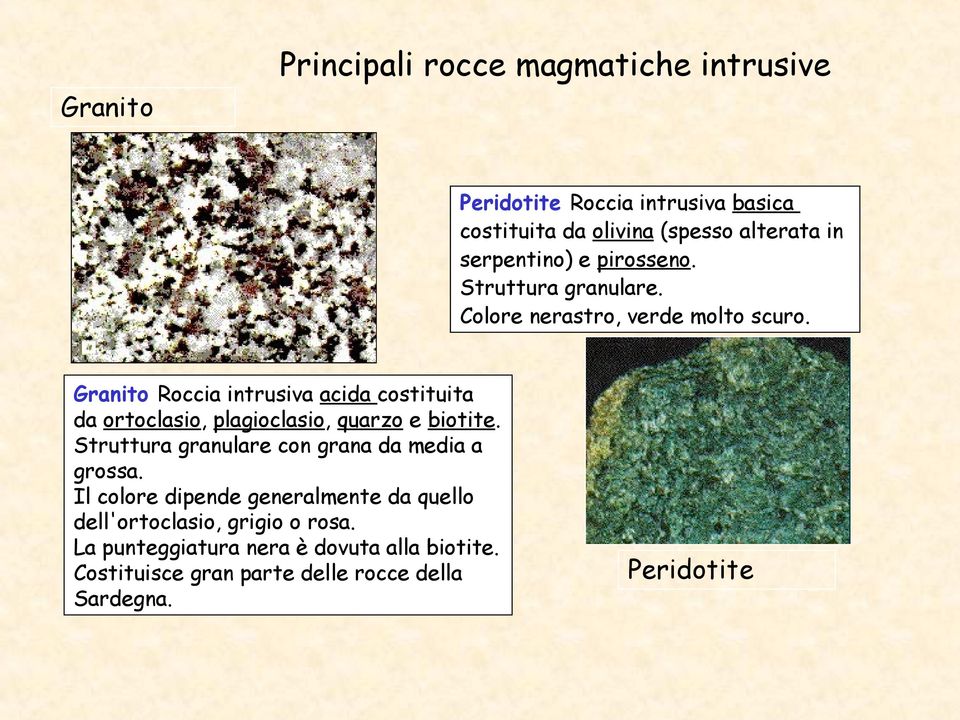Granito Roccia intrusiva acida costituita da ortoclasio, plagioclasio, quarzo e biotite.
