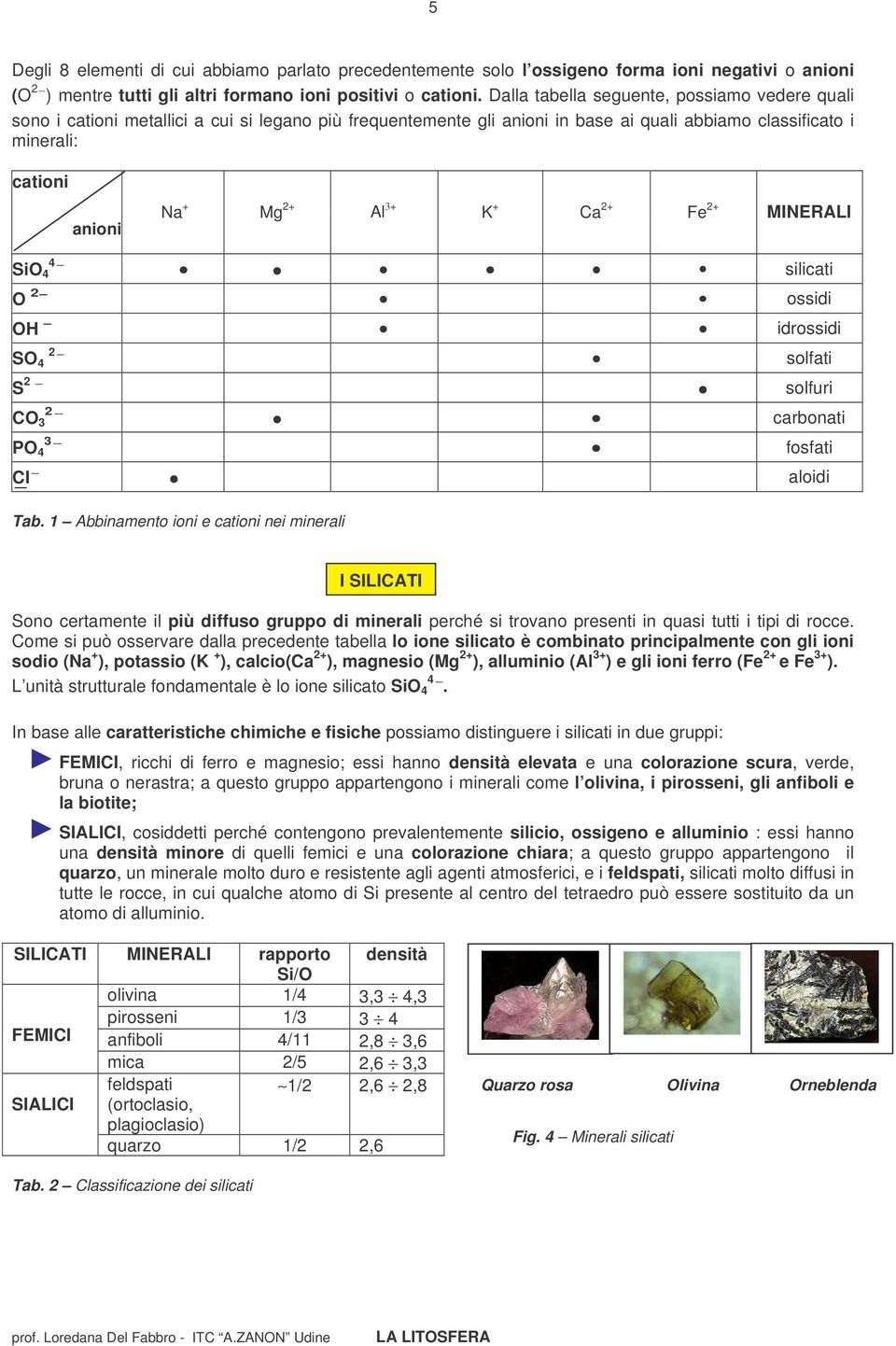 3+ K + Ca 2+ Fe 2+ MINERALI 4 SiO 4 silicati O 2 ossidi OH idrossidi SO 2 4 solfati S 2 solfuri CO 3 2 carbonati PO 4 3 fosfati CI aloidi Tab.