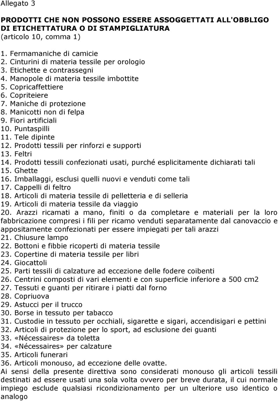 Fiori artificiali 10. Puntaspilli 11. Tele dipinte 12. Prodotti tessili per rinforzi e supporti 13. Feltri 14. Prodotti tessili confezionati usati, purché esplicitamente dichiarati tali 15. Ghette 16.