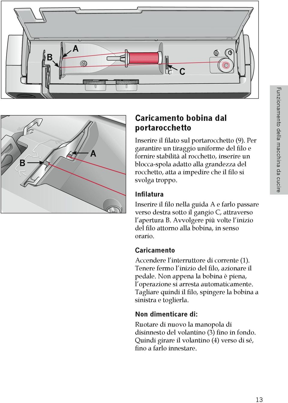 Infilatura Inserire il filo nella guida A e farlo passare verso destra sotto il gangio C, attraverso l apertura B. Avvolgere più volte l inizio del filo attorno alla bobina, in senso orario.