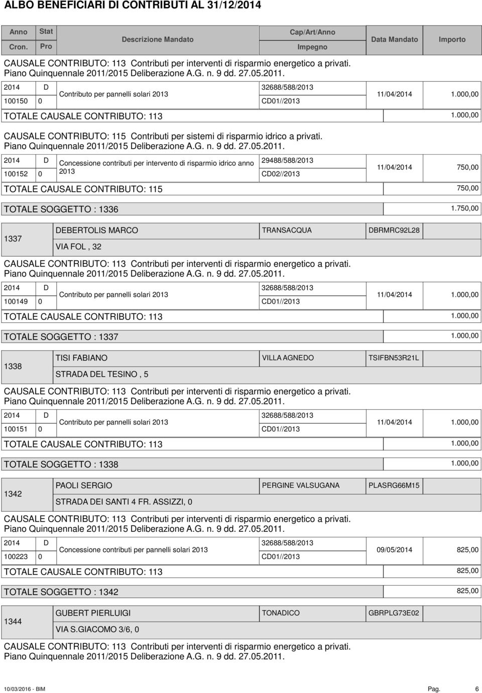 75, 75, 1337 EBERTOLIS MARCO TRANSACQUA BRMRC92L28 VIA FOL, 32 214 1149 Contributo per pannelli solari 213 32688/588/213 C1//213 11/4/214 1., TOTALE CAUSALE CONTRIBUTO: 113 1.