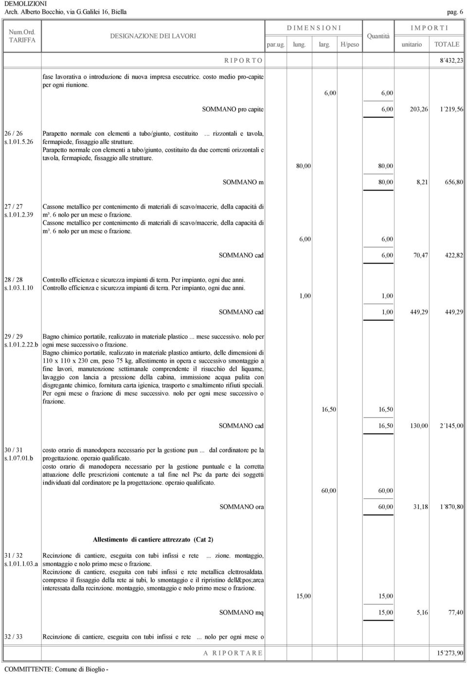 Parapetto normale con elementi a tubo/giunto, costituito da due correnti orizzontali e tavola, fermapiede, fissaggio alle strutture.