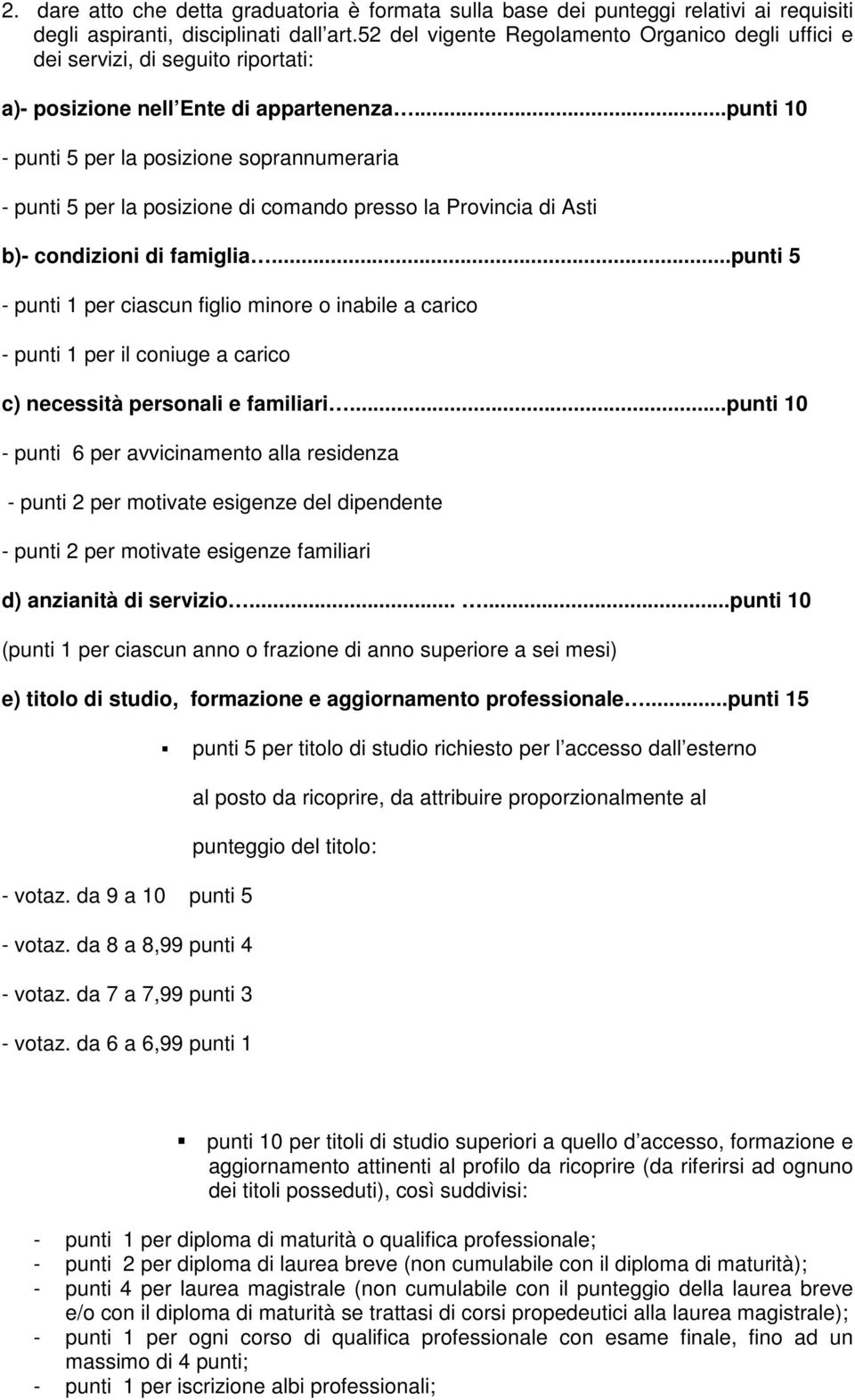 ..punti 10 - punti 5 per la posizione soprannumeraria - punti 5 per la posizione di comando presso la Provincia di Asti b)- condizioni di famiglia.