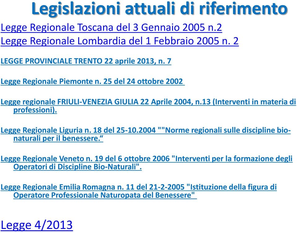 Legge Regionale Liguria n. 18 del 25-10.2004 ""Norme regionali sulle discipline bionaturali per il benessere. Legge Regionale Veneto n.