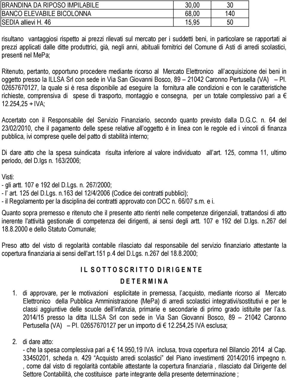 fornitrici del Comune di Asti di arredi scolastici, presenti nel MePa; Ritenuto, pertanto, opportuno procedere mediante ricorso al Mercato Elettronico all acquisizione dei beni in oggetto presso la