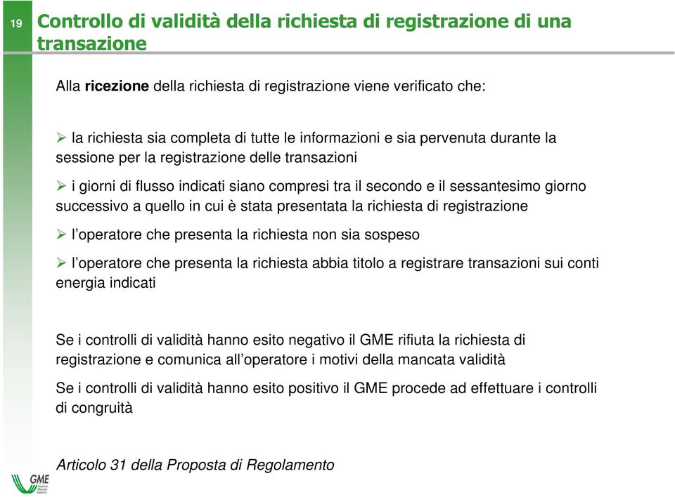 presentata la richiesta di registrazione l operatore che presenta la richiesta non sia sospeso l operatore che presenta la richiesta abbia titolo a registrare transazioni sui conti energia indicati