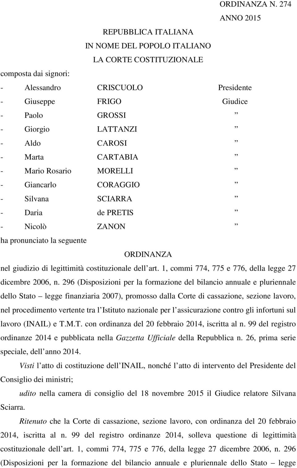 LATTANZI - Aldo CAROSI - Marta CARTABIA - Mario Rosario MORELLI - Giancarlo CORAGGIO - Silvana SCIARRA - Daria de PRETIS - Nicolò ZANON ha pronunciato la seguente ORDINANZA nel giudizio di