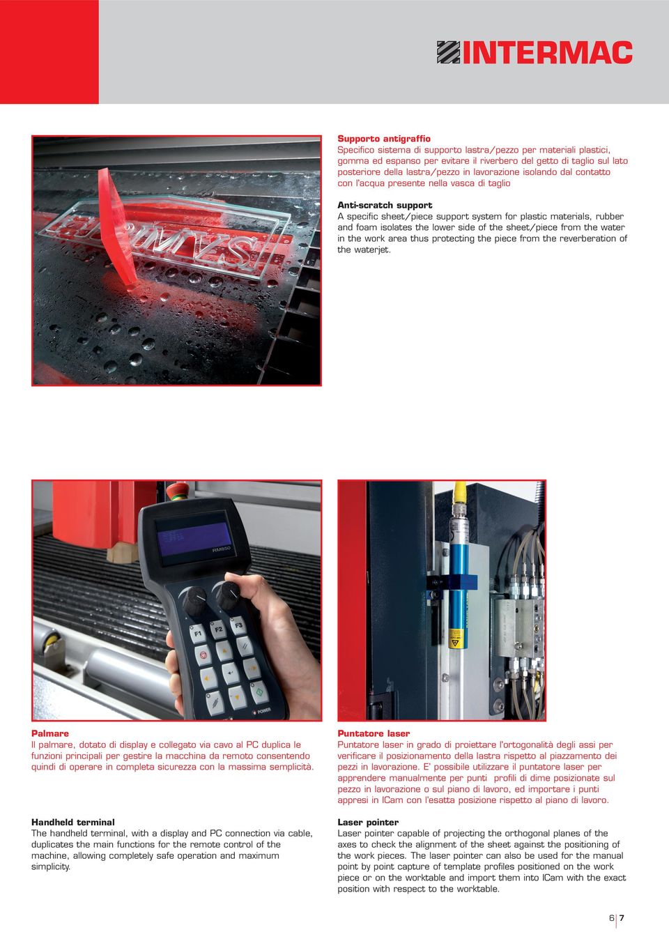 of the sheet/piece from the water in the work area thus protecting the piece from the reverberation of the waterjet.