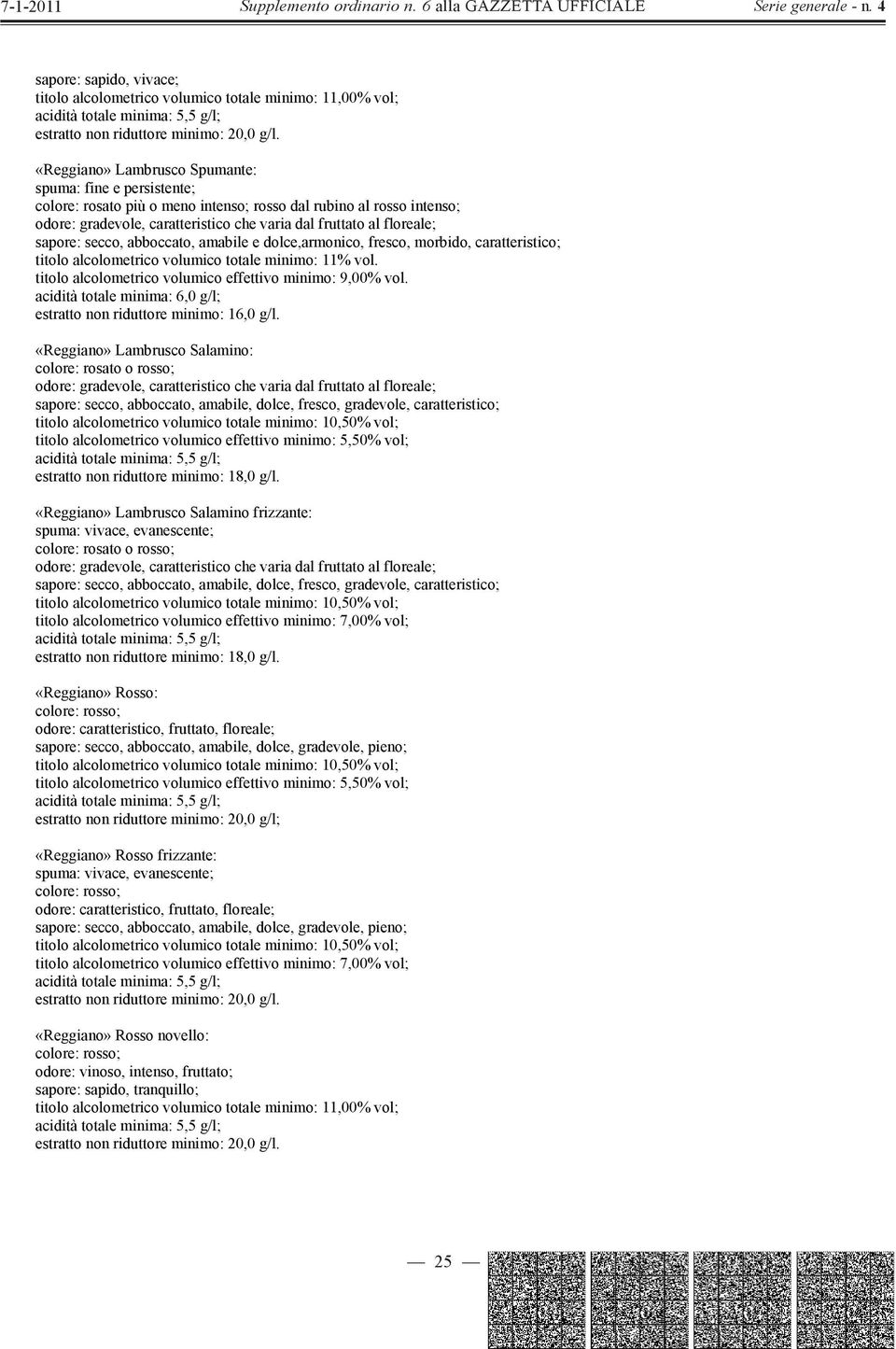 acidità totale minima: 6,0 g/l; estratto non riduttore minimo: 16,0 g/l.