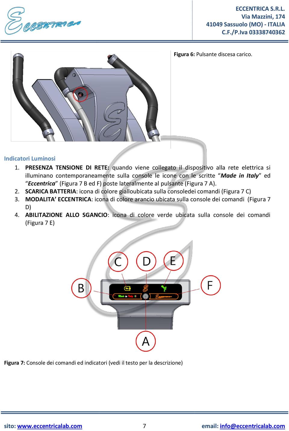 Eccentrica (Figura 7 B ed F) poste lateralmente al pulsante (Figura 7 A). 2. SCARICA BATTERIA: icona di colore gialloubicata sulla consoledei comandi (Figura 7 C) 3.