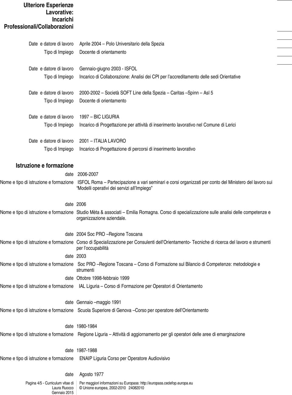 attività di inserimento lavorativo nel Comune di Lerici 2001 ITALIA LAVORO Incarico di Progettazione di percorsi di inserimento lavorativo Istruzione e formazione date 2006-2007 ISFOL Roma