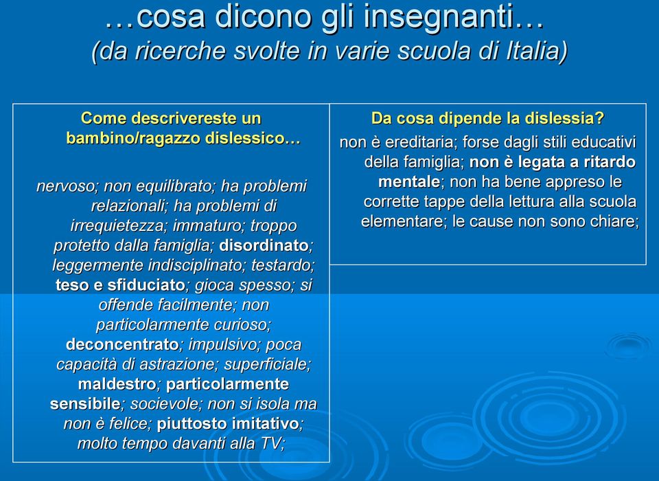 deconcentrato; ; impulsivo; poca capacità di astrazione; superficiale; maldestro; particolarmente sensibile; ; socievole; non si isola ma non è felice; piuttosto imitativo; molto tempo davanti alla