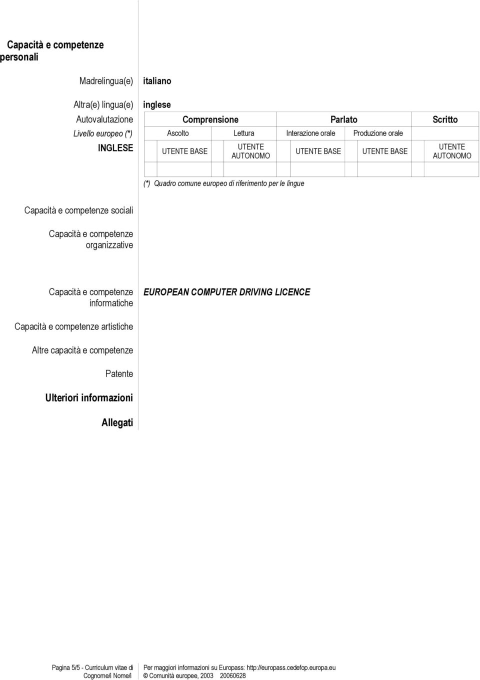 riferimento per le lingue Capacità e competenze sociali Capacità e competenze organizzative Capacità e competenze informatiche EUROPEAN