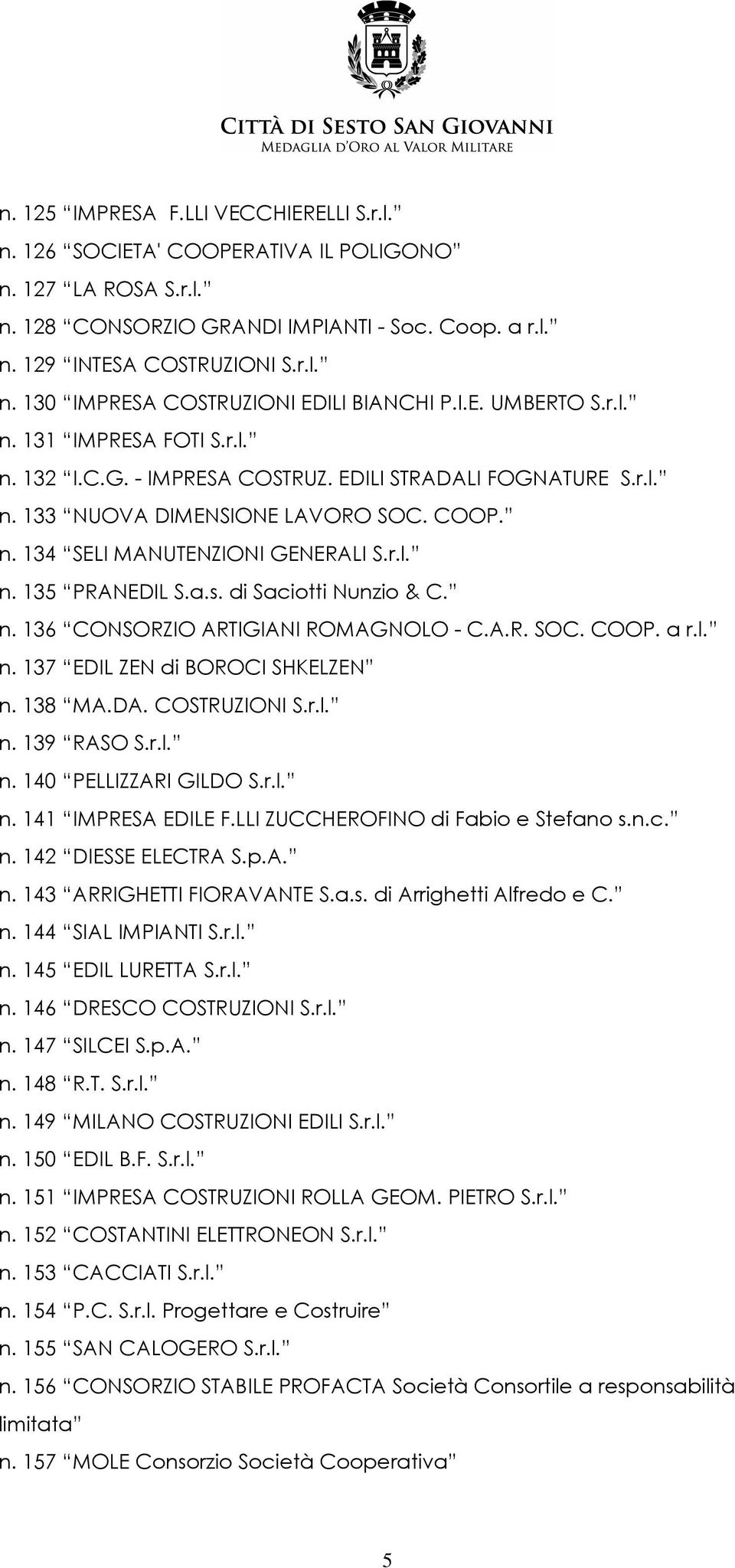 a.s. di Saciotti Nunzio & C. n. 136 CONSORZIO ARTIGIANI ROMAGNOLO - C.A.R. SOC. COOP. a r.l. n. 137 EDIL ZEN di BOROCI SHKELZEN n. 138 MA.DA. COSTRUZIONI S.r.l. n. 139 RASO S.r.l. n. 140 PELLIZZARI GILDO S.