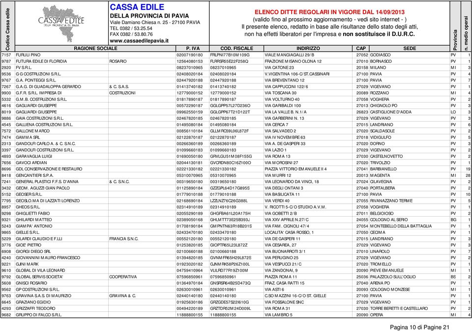 A.G. DI GUADALOPPA GERARDO & C. S.A.S. 01413740182 01413740182 VIA CAPPUCCINI 122/6 27029 VIGEVANO PV 1 9900 G.F.R. S.R.L. IMPRESA DI COSTRUZIONI 12779000152 12779000152 VIA TOSCANA 30 20089 ROZZANO MI 4 5332 G.