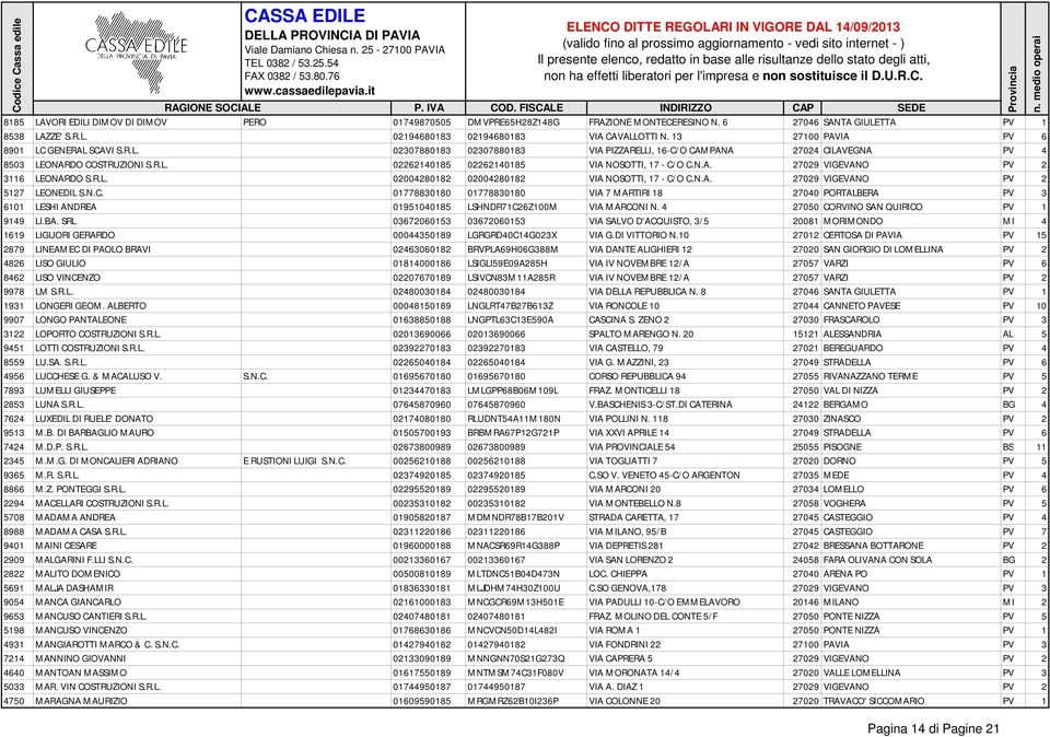 N.A. 27029 VIGEVANO PV 2 3116 LEONARDO S.R.L. 02004280182 02004280182 VIA NOSOTTI, 17 - C/