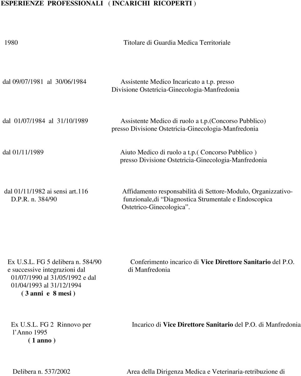 p.( Concorso Pubblico ) presso Divisione Ostetricia-Ginecologia-Manfredonia dal 01/11/1982 ai sensi art.116 D.P.R. n.