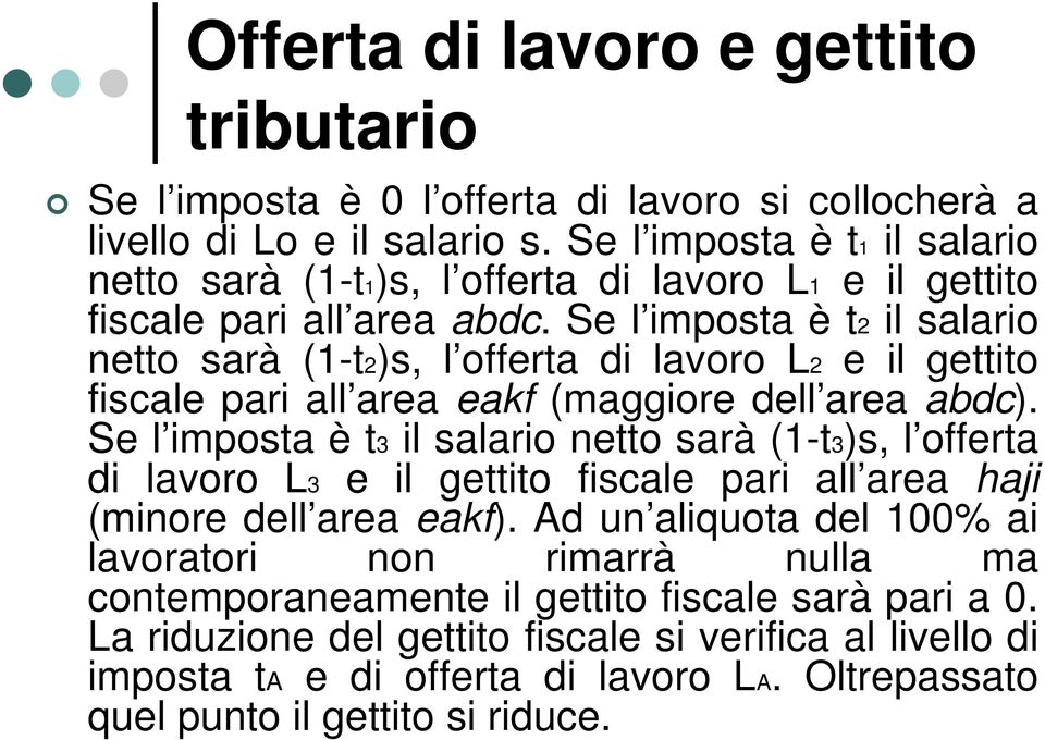 Se l imposta è t2 il salario netto sarà (1-t2)s, l offerta di lavoro L2 e il gettito fiscale pari all area eakf (maggiore dell area abdc).