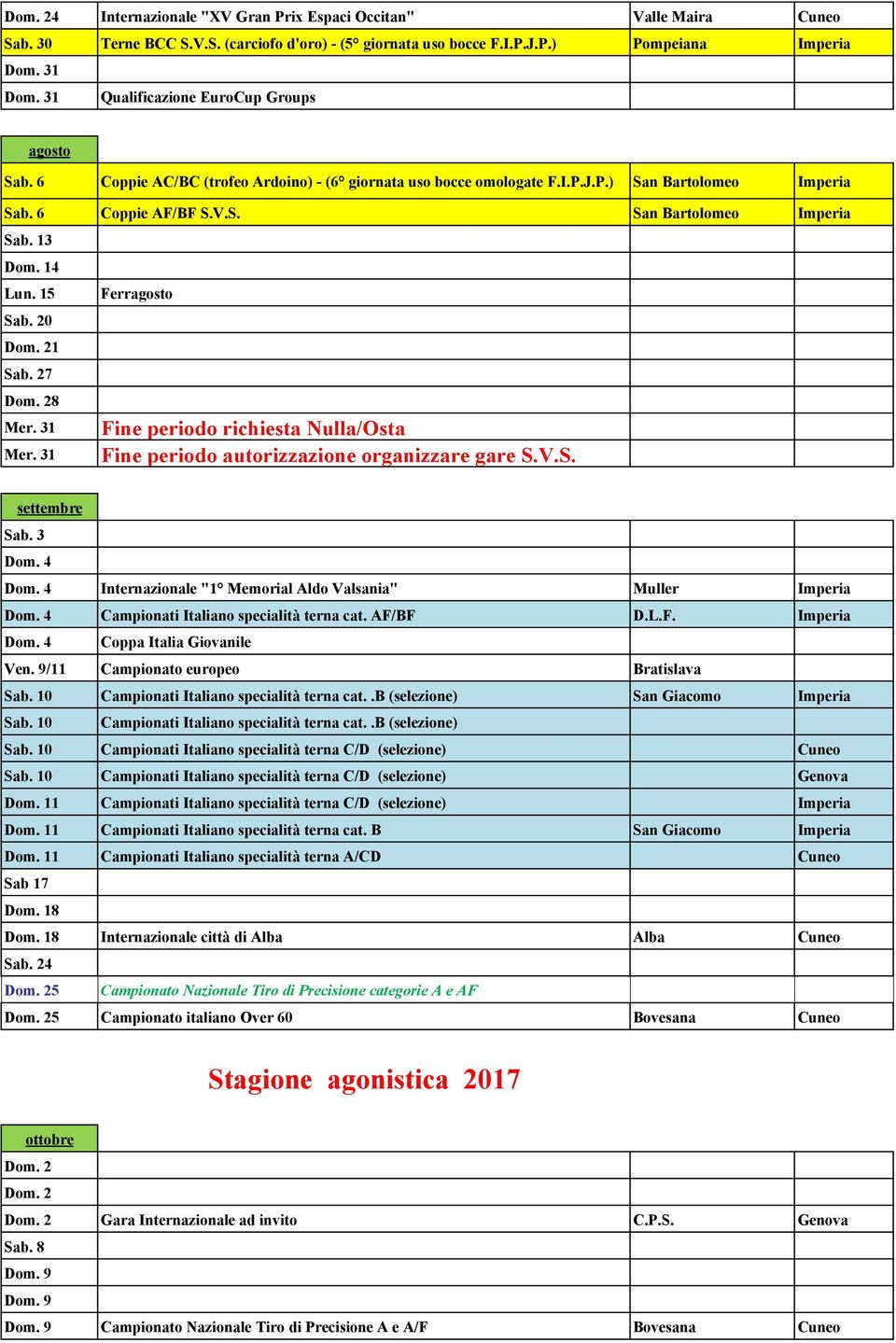 14 Lun. 15 Ferragosto Sab. 20 Dom. 21 Sab. 27 Dom. 28 Mer. 31 Mer. 31 Fine periodo richiesta Nulla/Osta Fine periodo autorizzazione organizzare gare S.V.S. settembre Sab. 3 Dom. 4 Dom.