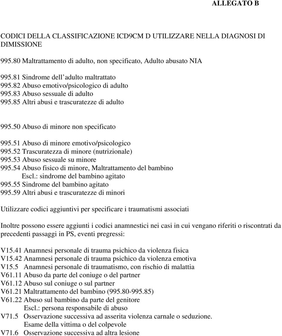 51 Abuso di minore emotivo/psicologico 995.52 Trascuratezza di minore (nutrizionale) 995.53 Abuso sessuale su minore 995.54 Abuso fisico di minore, Maltrattamento del bambino Escl.