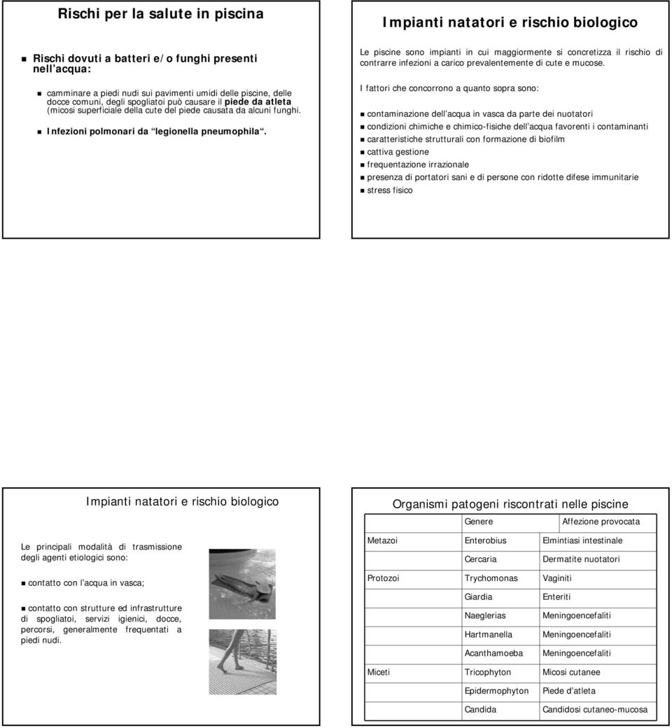 Le piscine sono impianti in cui maggiormente si concretizza il rischio di contrarre infezioni a carico prevalentemente di cute e mucose.