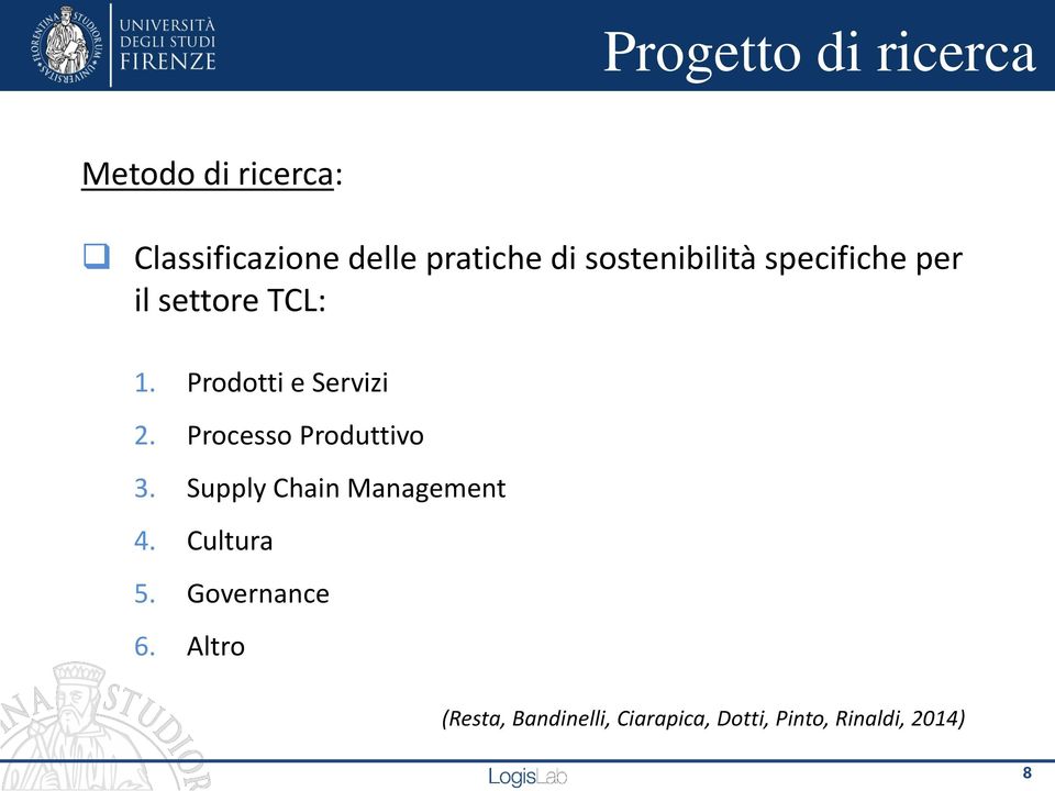 Processo Produttivo 3. Supply Chain Management 4. Cultura 5.