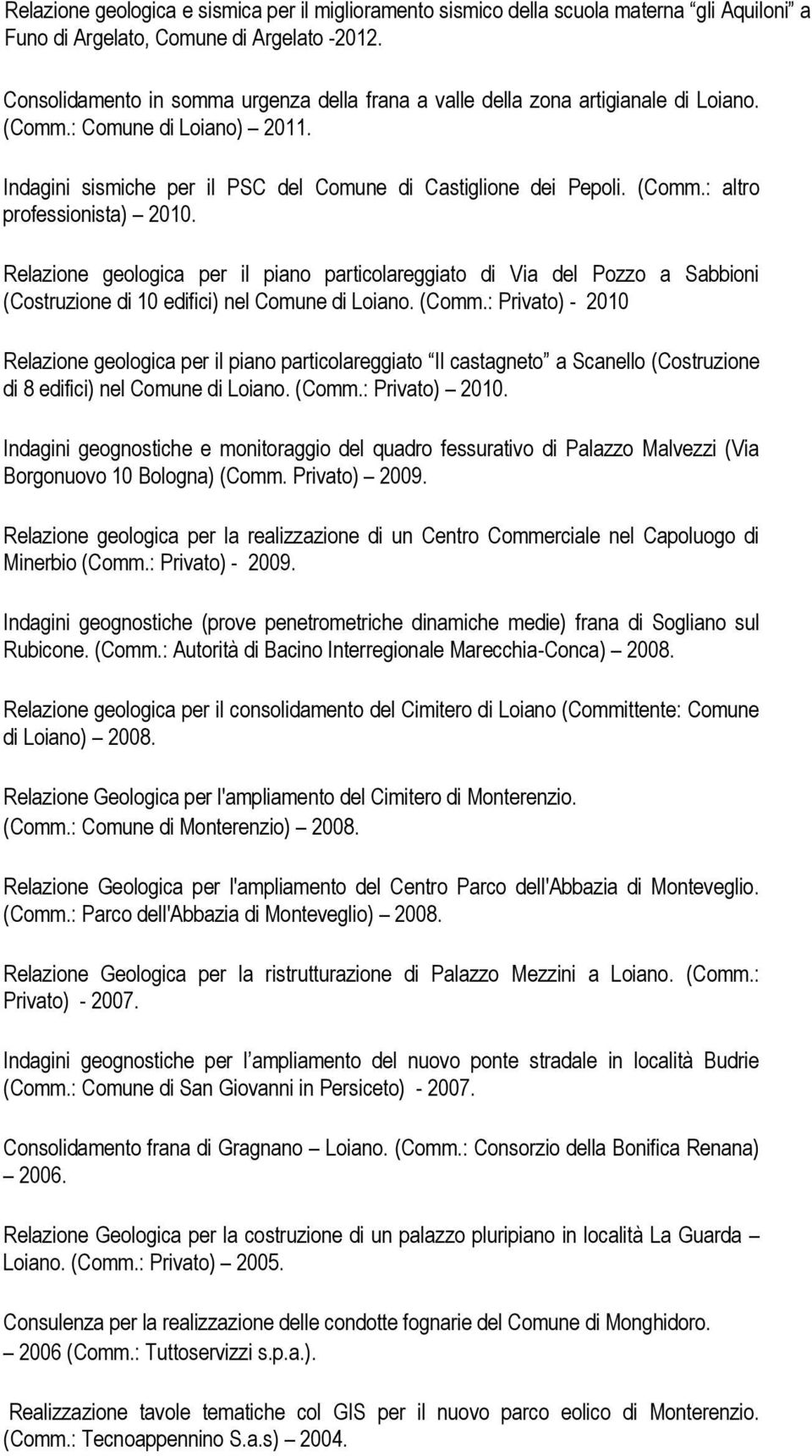 Relazione geologica per il piano particolareggiato di Via del Pozzo a Sabbioni (Costruzione di 10 edifici) nel Comune di Loiano. (Comm.