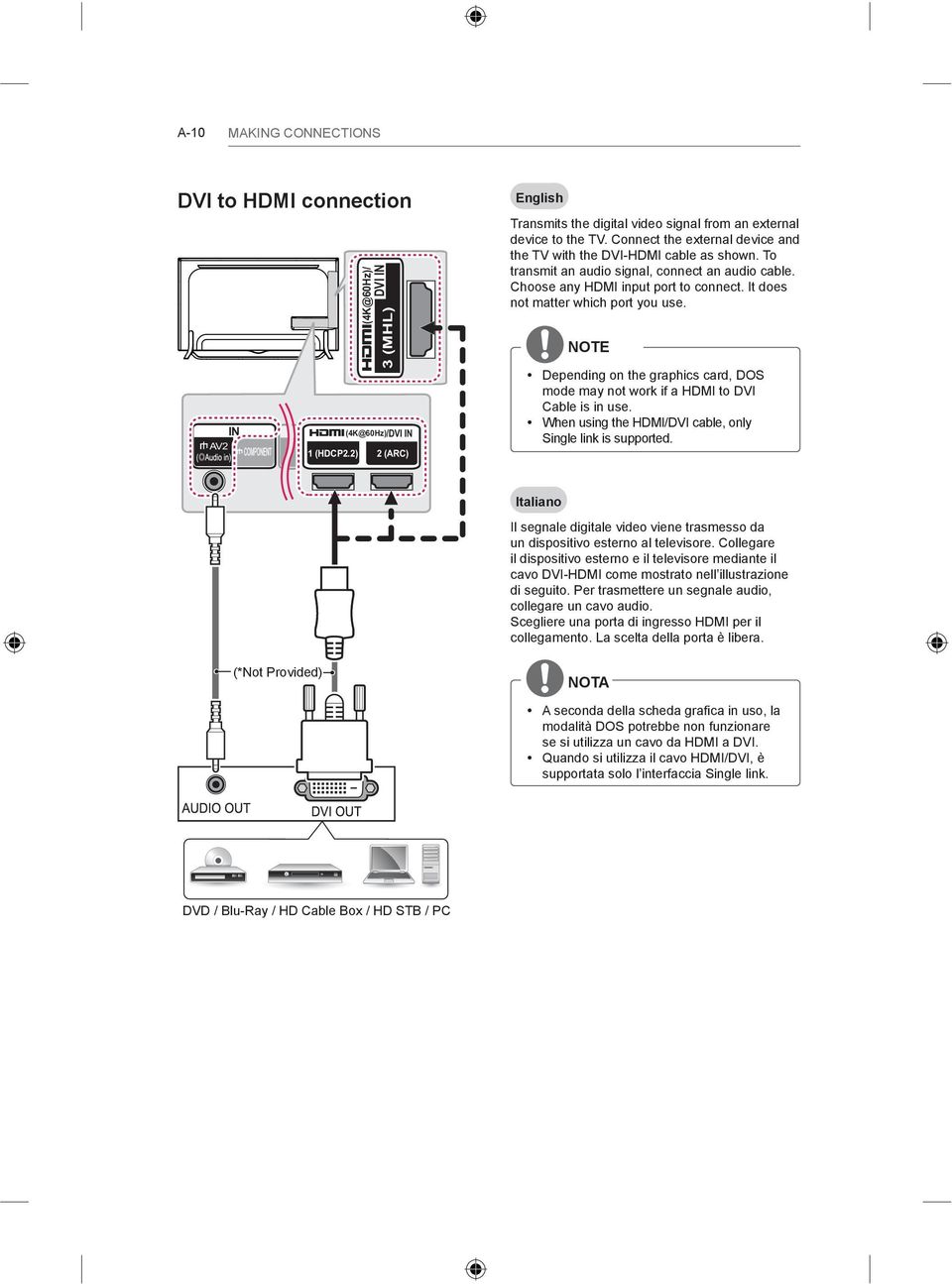 It does not matter which port you use. NOTE Depending on the graphics card, DOS mode may not work if a HDMI to DVI Cable is in use. When using the HDMI/DVI cable, only Single link is supported.