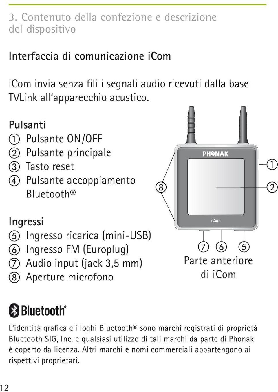 Pulsanti a Pulsante ON/OFF b Pulsante principale c Tasto reset d Pulsante accoppiamento Bluetooth a b Ingressi e Ingresso ricarica (mini-usb) f Ingresso FM (Europlug)