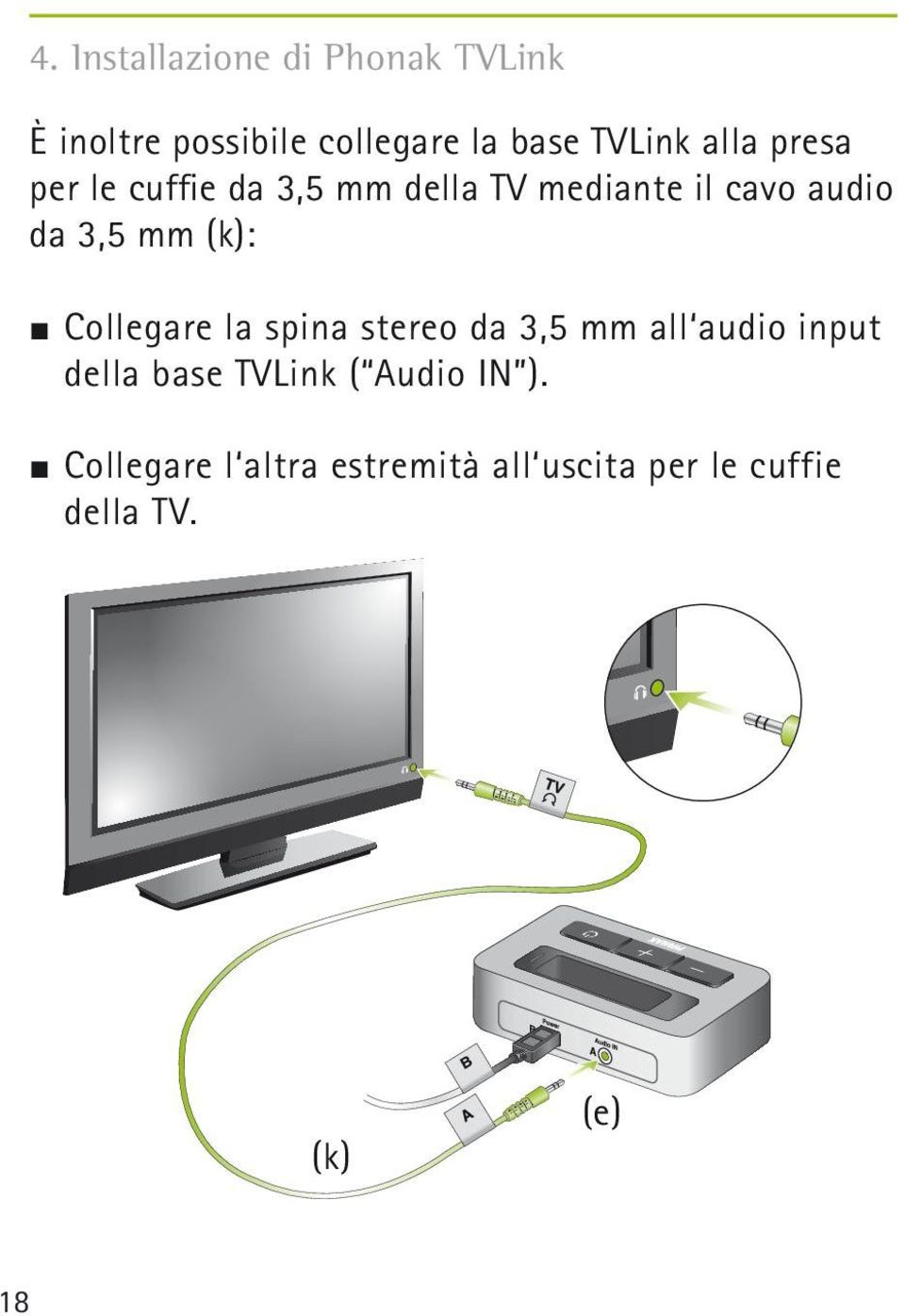 (k): J Collegare la spina stereo da 3,5 mm all audio input della base TVLink (